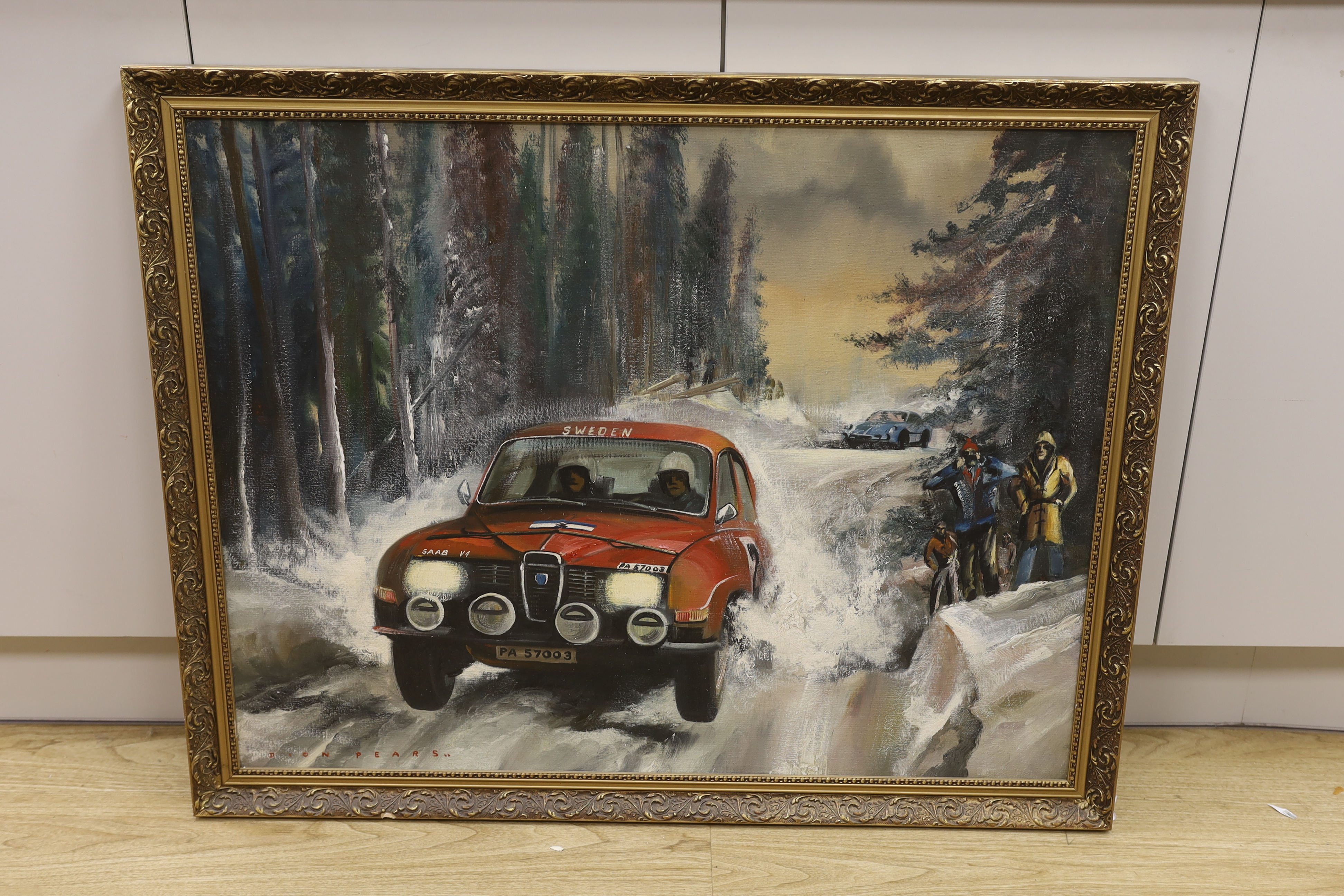 Dion Pears (1929-1985), oil on board, ‘Swedish Rally Scene’, signed, 69 x 90cm
